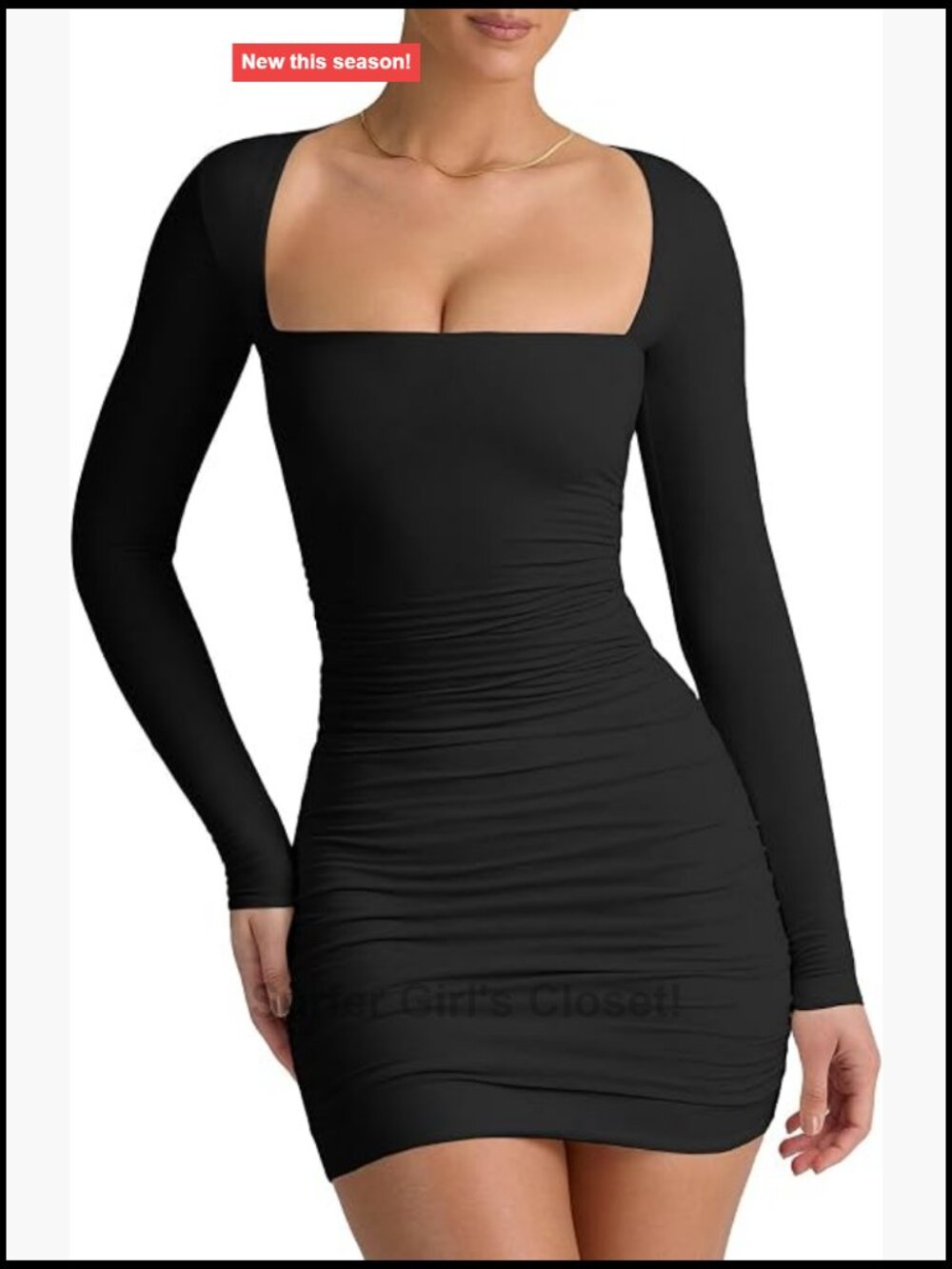 Long Sleeve Square Neck Ruched Bodycon Mini Dress Party